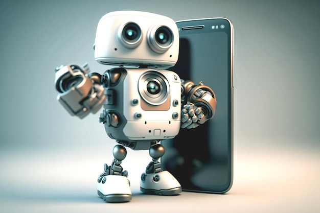 Premium Photo | A cute robot holding a large smartphone looking at the ...