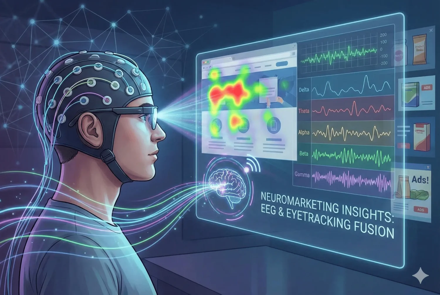 Grafika ilustrująca łączenie badań EEG i eyetrackingu w neuromarketingu. Osoba w czepku z elektrodami i okularach śledzących wzrok patrzy na ekran wyświetlający mapy cieplne uwagi wzrokowej oraz wykresy aktywności fal mózgowych w czasie rzeczywistym.