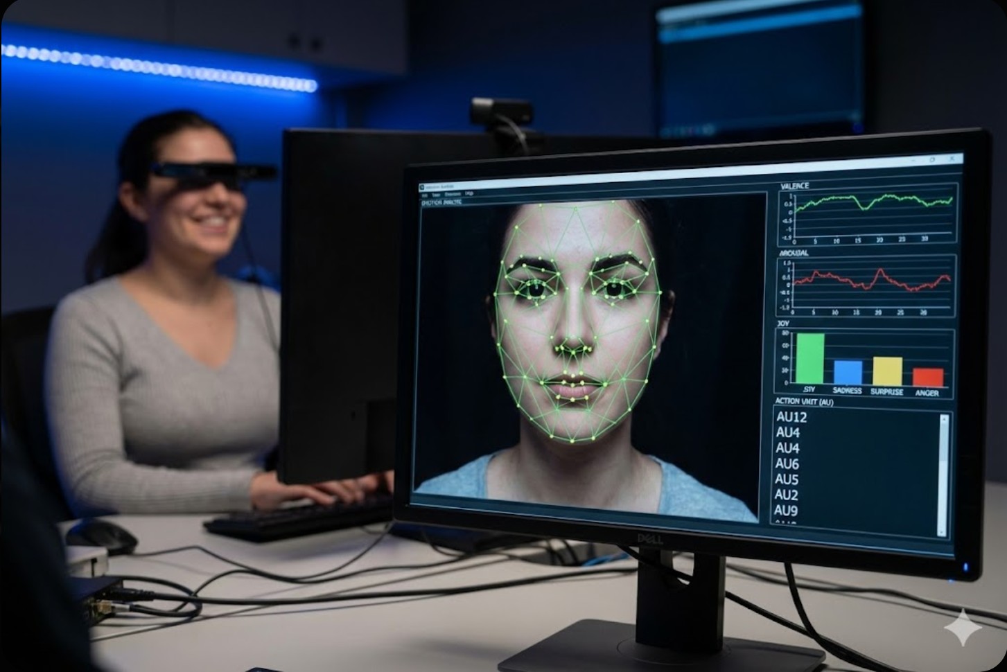Monitor wyświetlający interfejs oprogramowania do face tracking z siatką punktów referencyjnych na twarzy oraz wykresami walencji i pobudzenia. W tle uczestnik badania w laboratorium UX.