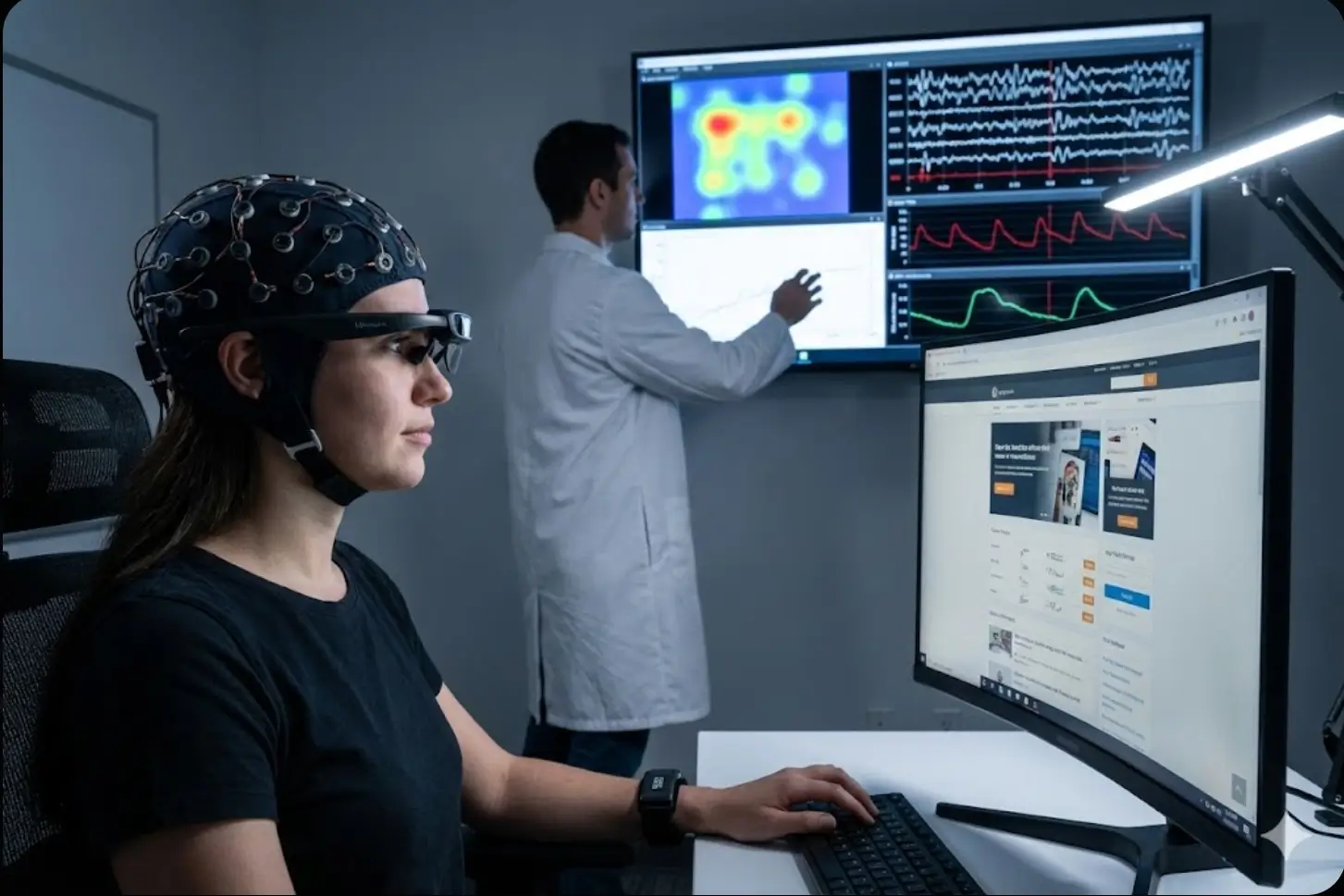 Uczestnik badania w czepku EEG i z eye trackerem, a w tle badacz analizujący zintegrowane dane neurofizjologiczne i biometryczne na monitorze.