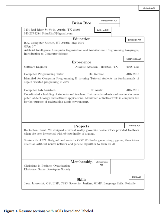 Strona CV z zaznaczonymi obszarami zainteresowania: wydzielone ramkami i podpisane sekcje z danymi kontaktowymi, wykształceniem, doświadczeniem, projektami, przynależnością i umiejętnościami