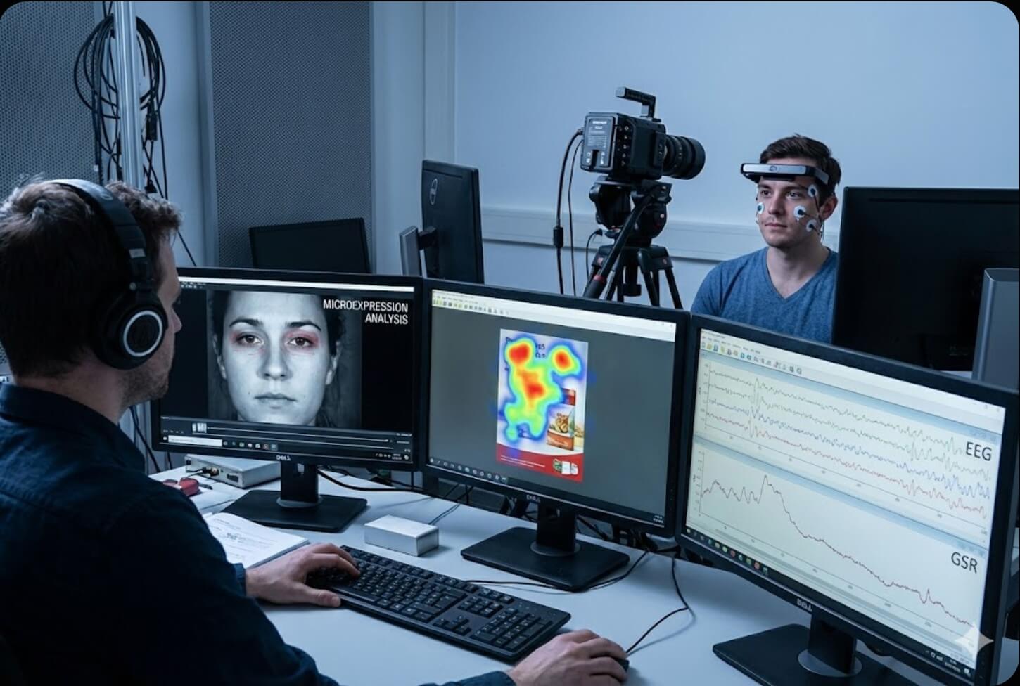 Badacz w laboratorium analizuje na monitorach mikroekspresje twarzy i mapy cieplne z eyetrackingu, podczas gdy uczestnik z elektrodami sEMG jest nagrywany przez szybką kamerę.
